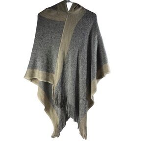 Simonetta Boucle grey cream hooded striped Poncho Cape NWT, Small , fringes